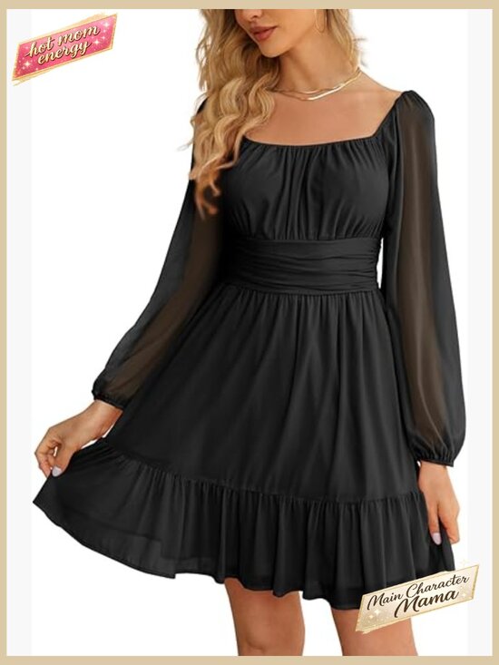 Dresses & Skirts - Mesh Long Sleeve Square Neck Mini Dress Ruffle Hem High Waist A-Line Flowy Party